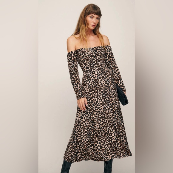 New Reformation Ballari Dress in Leo Black Brown Midi Off Shoulder Long Size 2 - Picture 1 of 15